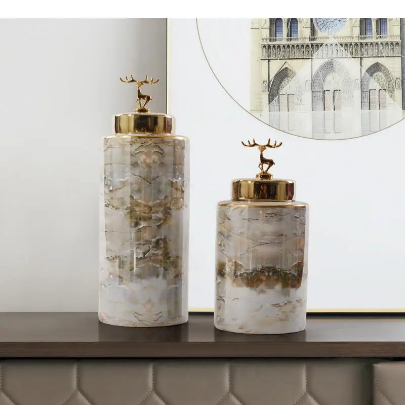 

Nordic Marble Texture Storage Jar Home Desktop Decor Ornaments Ceramics Candy Jar Golden Deer Cover Storage Box Home Decoration