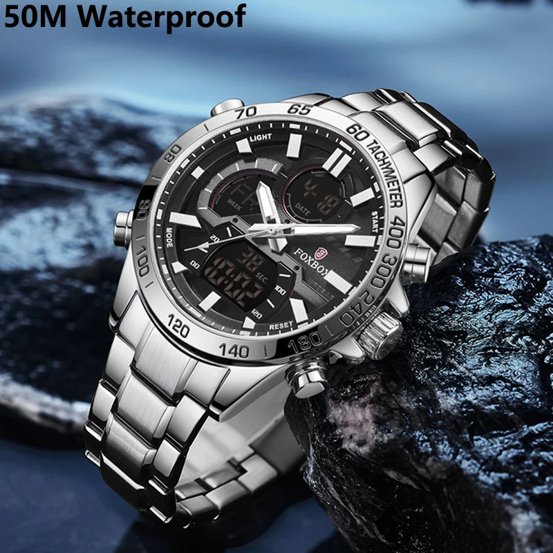 LIGE New Men Casual Analog Digital Watch Steel Band Waterproof Chronograph Luminous Dual Display Quartz Clock Relogio Masculino