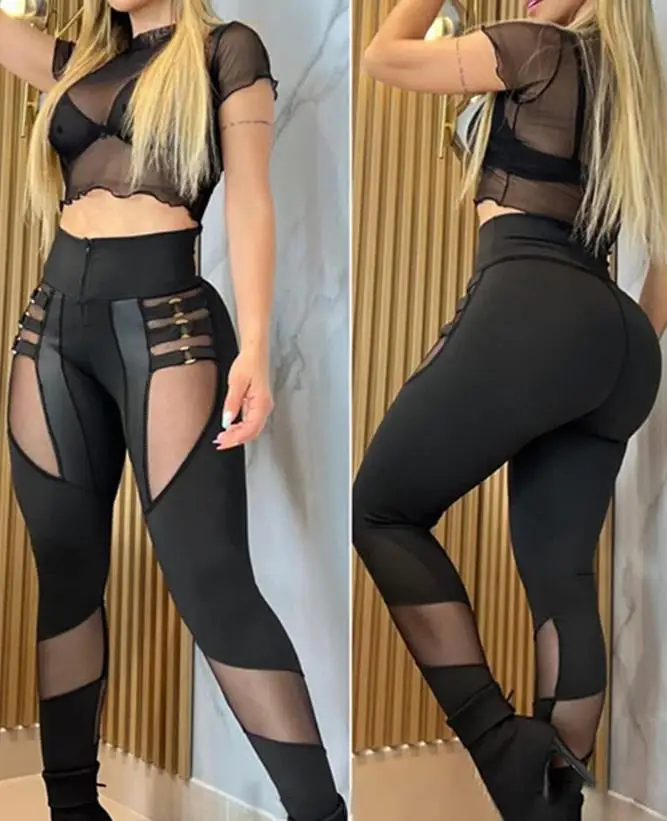 

Woman Sexy O-Ring Decor Sheer Mesh Patch Y2K Pants Casual Women's Fashion Daily Long Trousers Streetwear 2023 Autumn Clothing
