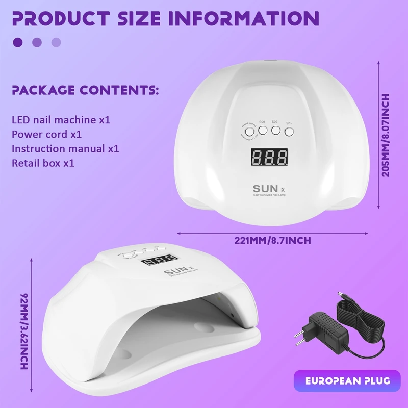 썬 X 네일 젤 건조기, UV LED 램프, 전문 백색광 광택제 기계, 빠른 건조기, 네일 아트 도구 E, 54 W