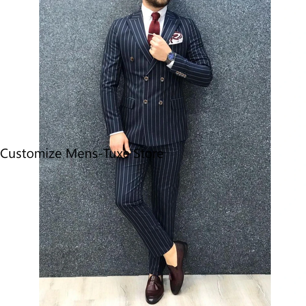 Navy Blue Stripe Double Brested Peak Lapel Men's Suits Slim Fit Business High Street Male Clothing 2 Piece Jacket Pants Full Set 2