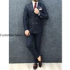 Navy Blue Stripe Double Brested Peak Lapel Men's Suits Slim Fit Business High Street Male Clothing 2 Piece Jacket Pants Full Set 2