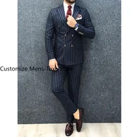 Navy Blue Stripe Double Brested Peak Lapel Men's Suits Slim Fit Business High Street Male Clothing 2 Piece Jacket Pants Full Set 2