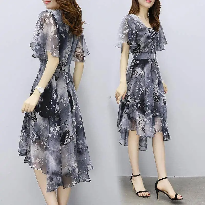 Women floral Chiffon Flower Dress 2026 trends new in Ladies Elegant V Neck short Sleeve korean style Summer Dress Female Clothes 1