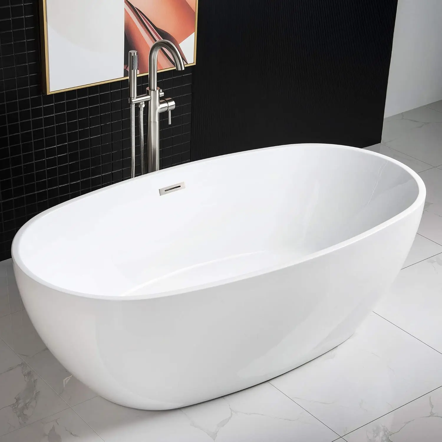 67 inch Acrylic Freestanding Bathtub Contemporary Soaking White Tub with Brushed Nickel Overflow and Drain Easy clean 2