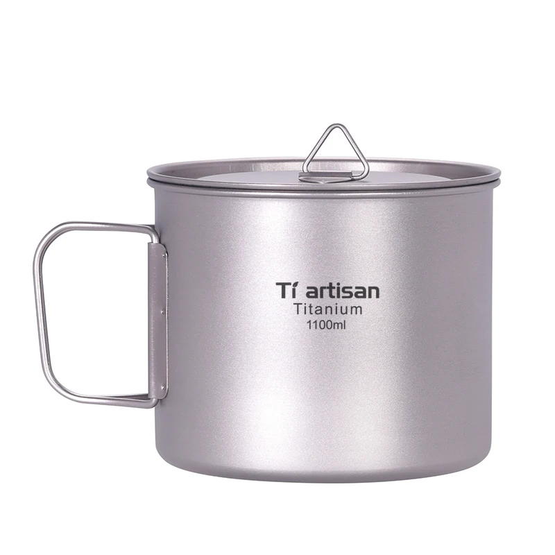 

Tiartisan Camping Tableware Hanging Pot Titanium Cup Water Cup with Lid Foldable Handle Portable Outdoor Picnic Cookware 1.1L
