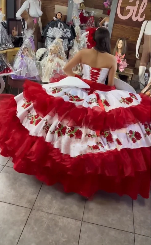 white with red quinceanera dresses Mexican Style Quinceanera Dress White Red Floral Ball Gown with Ruffles and Crystals Off Shoulder Sweep Train from Dhgate Quinceanera Dresses