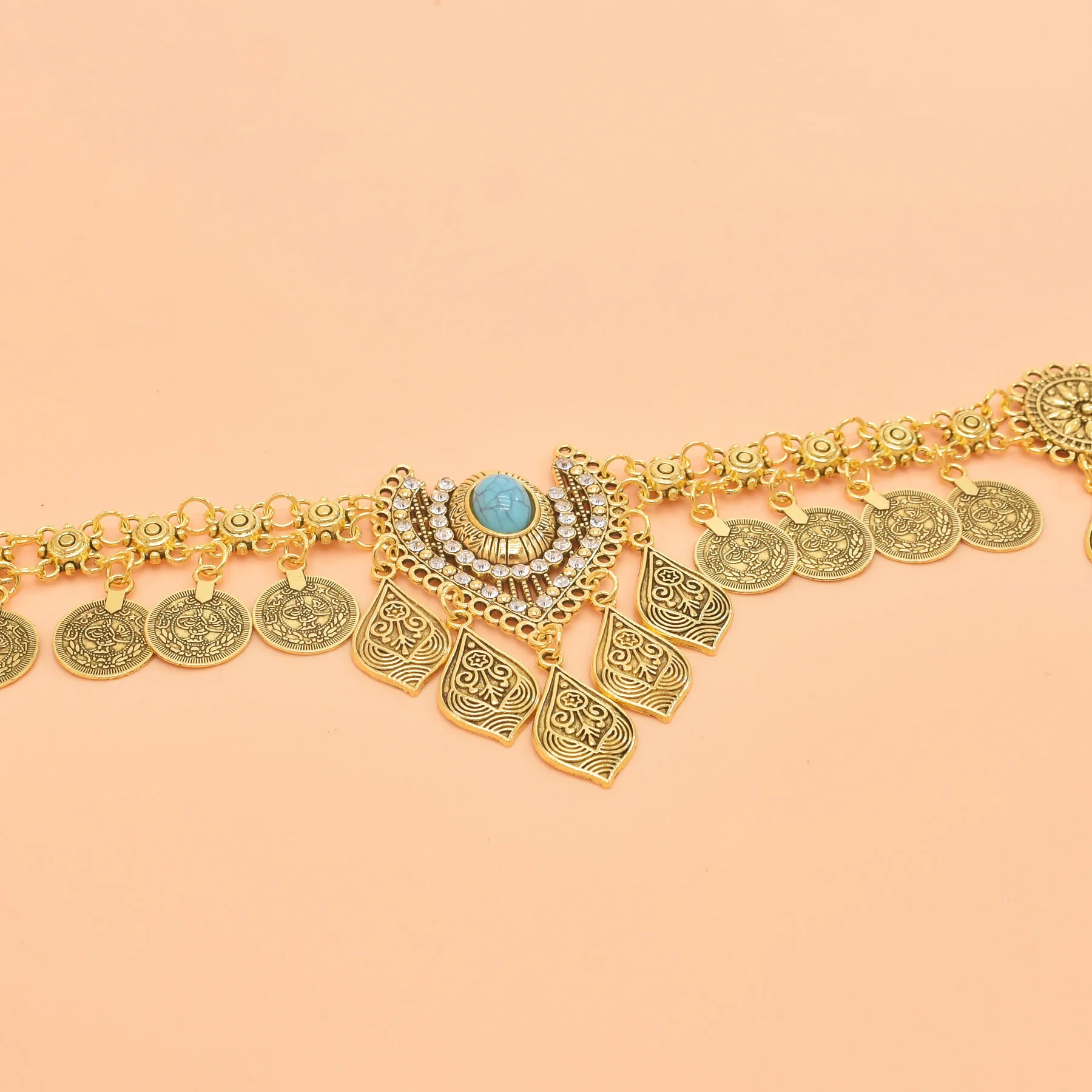 Retro-Imitations-Türkis-Strass-Anhänger-Taillenkette mit Münzquasten – Körperschmuck, Bauchketten, Arabische, Türkische, Kurdische, Indische Gürtel – Detail 6
