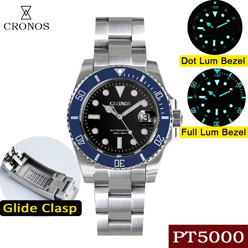 

Cronos 40mm Sub Diver Men Watch PT5000 Automatic Movement AR Sapphire Watch 200m Waterproof Ceramic Bezel Wristwatch L6005 V3