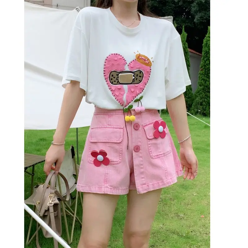 Small Flower Breasted High Waisted Denim Short Skirt for Women in Summer Loose Wide Leg Versatile A-line Spicy Girl