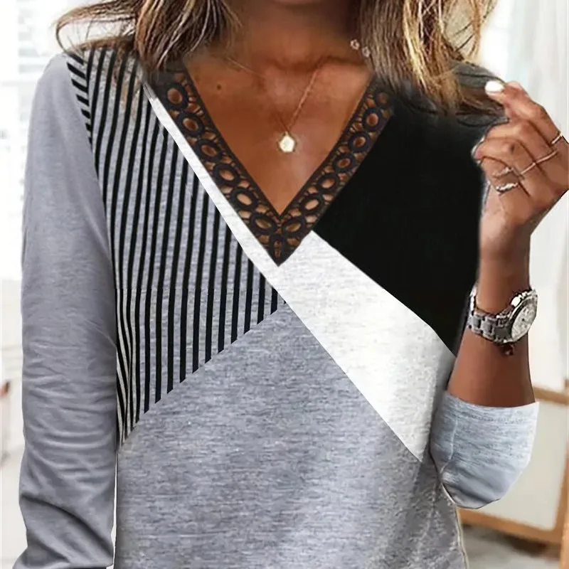 

Fashionable V-neck Lace Long-sleeved T-shirt For Women 2024 Spring Casual Printed Tops For Women Geometric Women's T-shirt Shirt