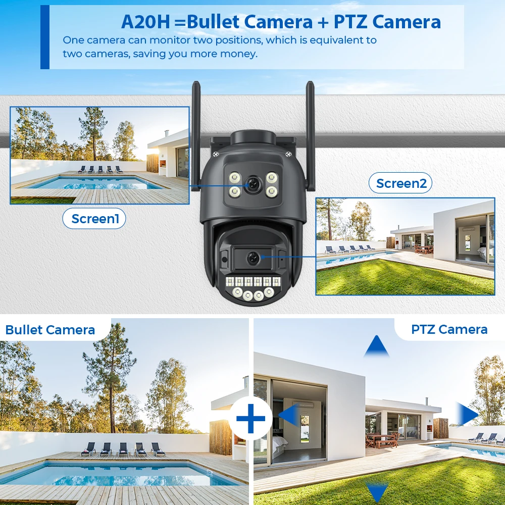 PTZ 8MP Wifi Camera Dual Screen Auto Tracking Color Night Vision Outdoor CCTV Ca