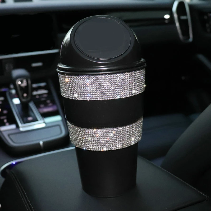 Cute Cartoon Rhinestone Car Trash Garbage Can Diamond Crystal Auto Trash Dust Holder Mini Garbage Bin Car Storage Box Girls