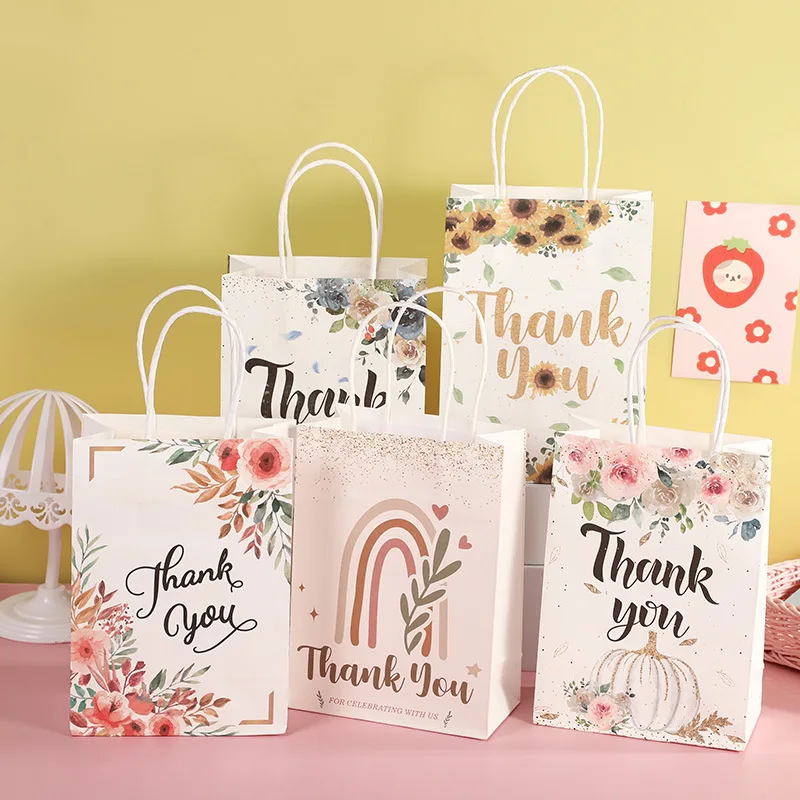 

5Pcs flower Design Thank You Kraft Paper Gift Bags Wedding Birthday Party Gift Packaging Decor Christmas Baby Shower Favors