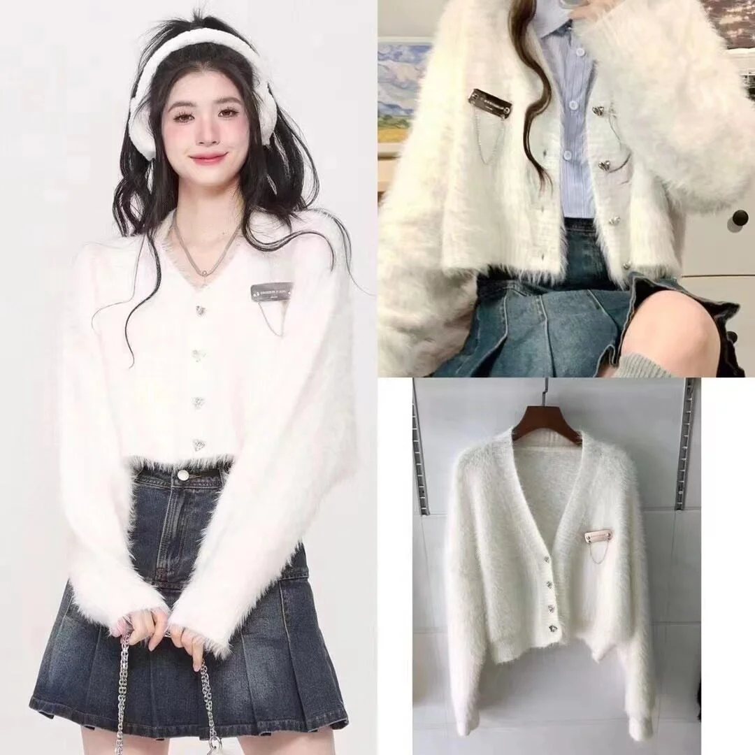 Aonw National Fashion 수제 패션 브랜드 봄과 가을 우유 찹쌀가루 카디건 짧은 V-넥 느슨한 통근 니트