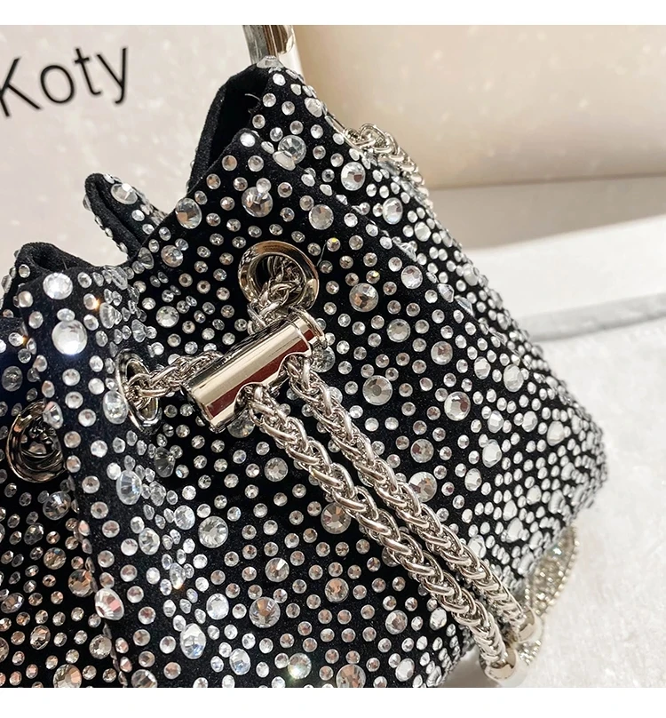 Bling Shiny Rhinestone Diamond Bucket Bag Women's Metal Ring Handle Handbag Evening Bag Party Clutch Purse Shoulder Chain Bag