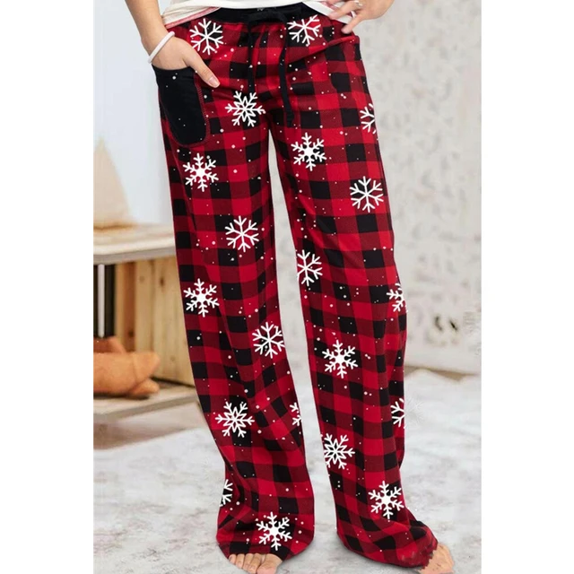 Snowflake PJ Pants Women Clothing Christmas Plaid Print Elastic Waist Baggy  Trousers with Pocket Casual Pajama Nightwear - AliExpress