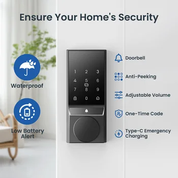 Smart Door Lock, Keyless Entry Door Lock with Doorbell, Smart Deadbolt Lock for Front Door, App Control,Auto-Lock,with Bluetooth 5