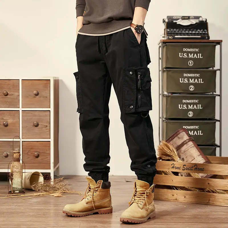 

2022 Khaki Cargo Pants Men Drawstring Ankle Length 9 Part Trousers Streetwear Fashion Cotton Pants Men Casual Work Pants
