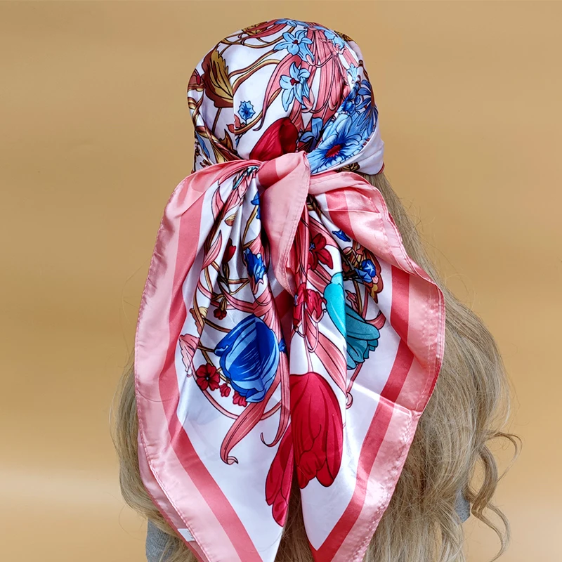 Women 90X90CM New Shawls The Four Seasons Beach Scarves Fashion Model Square Silk Hijab Popular Design Sunscreen Headscarf 2