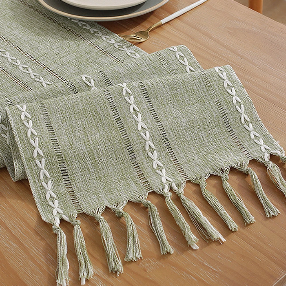 Rustic Table Runners with Handmade Tassel, Vintage Woven Cotton Linen Table Runner Long for Party Dining Table Decoration