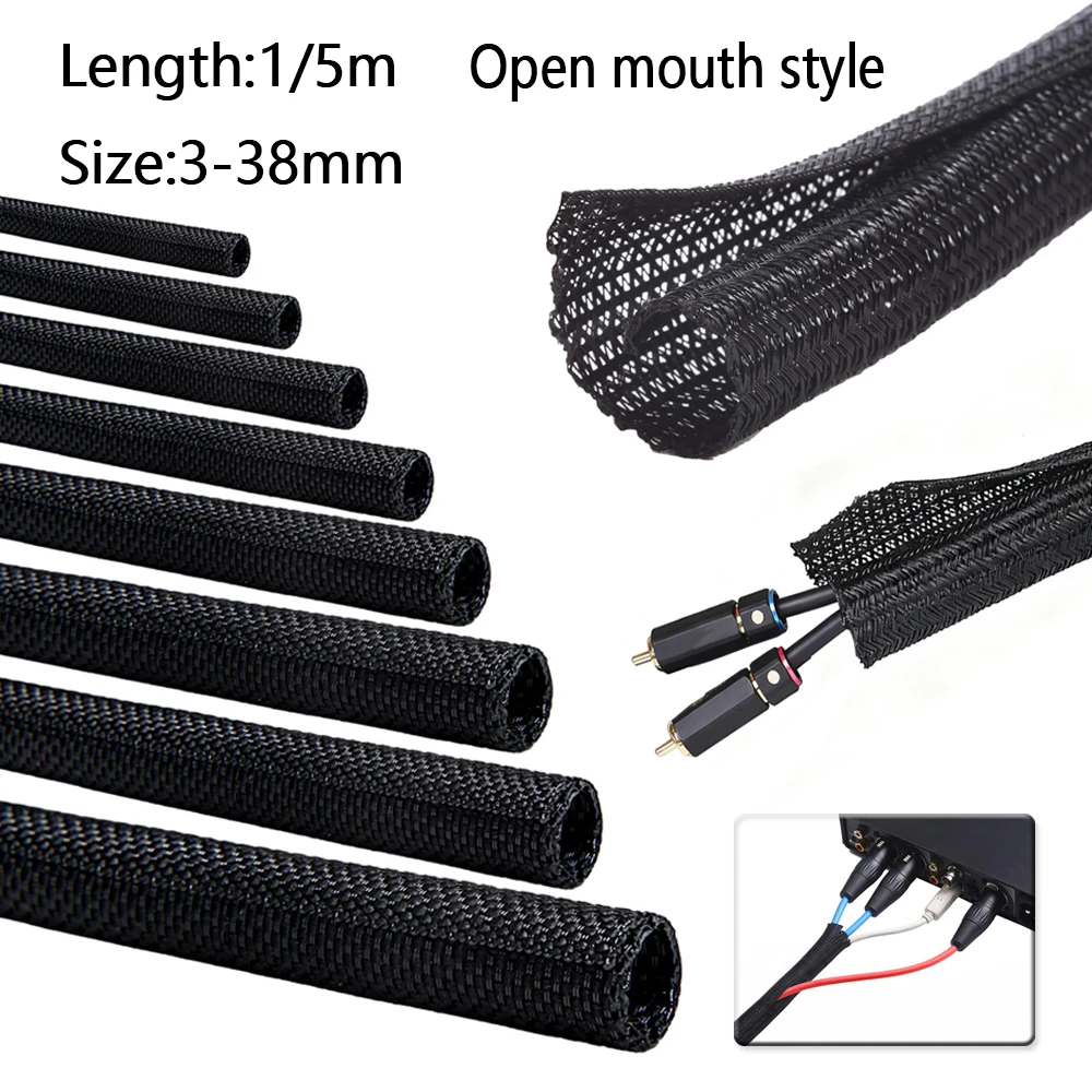 ปลอกหุ้มสายไฟแบบถัก 1/2/4 ชิ้น ขนาด 1 ม./5 ม. สำหรับป้องกันสายไฟบนโต๊ะคอมพิวเตอร์ ทีวี 1