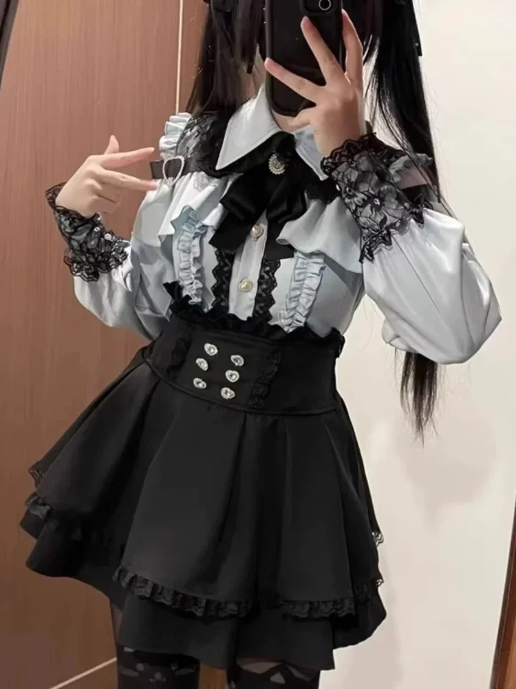Japanese Y2K Aesthetics Vintage Bow Dress Shorts Set Women Gothic Lolita Style Long Sleeve Shirt Dress Elegant Party Dress Suits 3