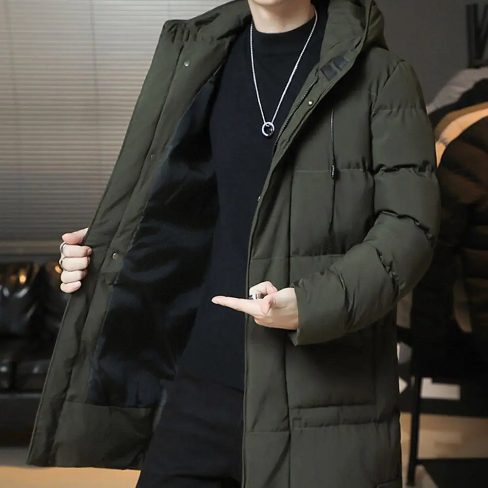 Hooded Mid-length Cotton Coat Windproof Hooded Winter Coat with Pockets Lightweight Cold Resistant Men's Outerwear for Outdoor