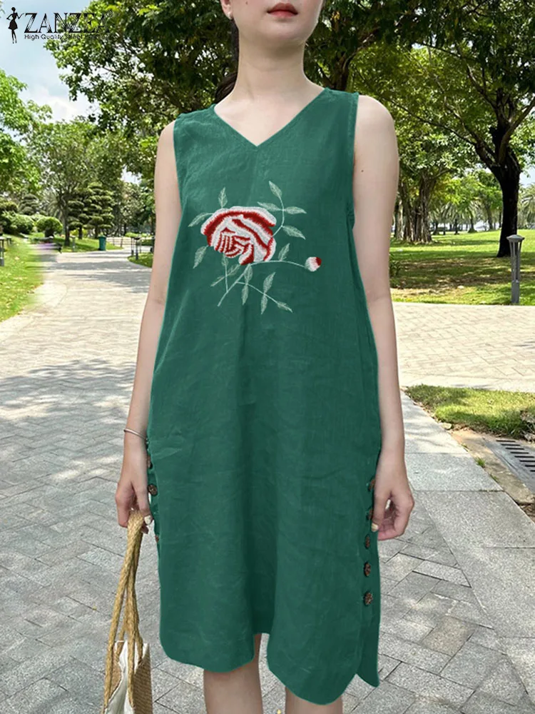 

ZANZEA Baggy Tank Embroidery V-neck Long Robe Women Sleeveless Dress 2024 Summer Holiday Vestidos Casual Loose Dress Oversized