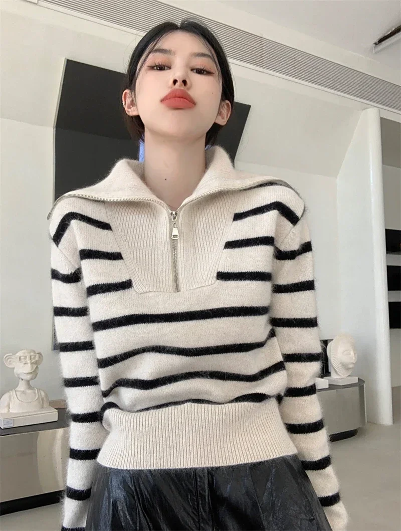 Women's Autumn Winter New Fashion Retro Lapel Half Zipper Contrasting Stripes Sweater Casual Long Sleeved Loose Knitted Coat