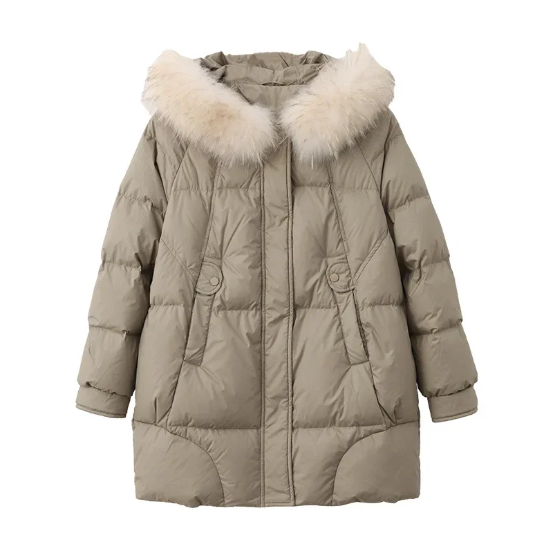 Vimly Winter Fur Collar Hooded Puffer Down Jacket for Women 2023 Warmth Zip-up White Duck Down Long Coats Female Outerwear 50336