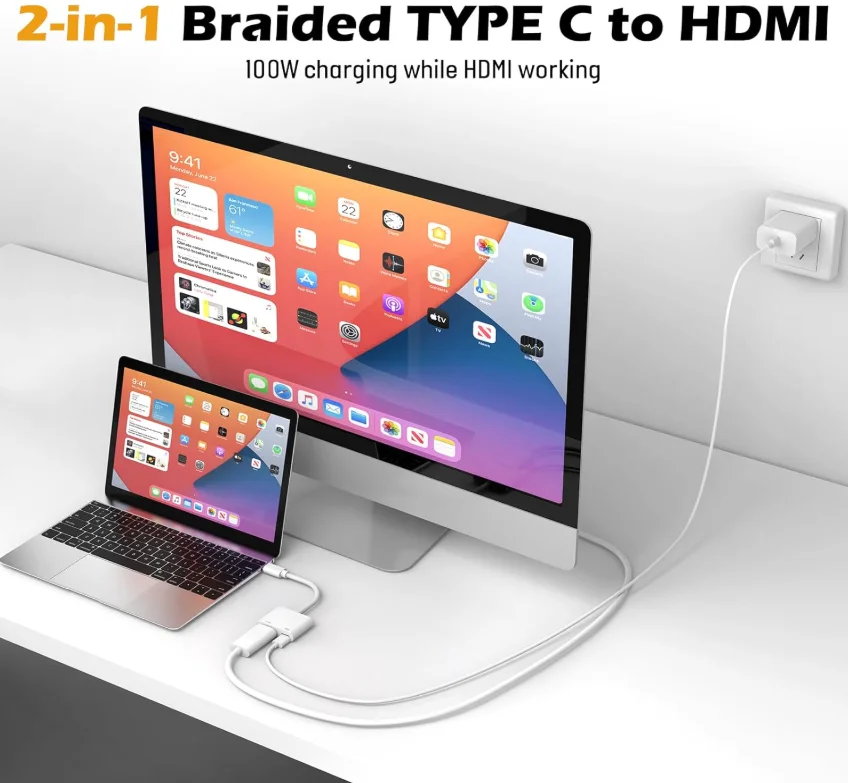 아이폰 15용 USB C to HDMI 어댑터, TV 연결, 4K 동기화 화면 연결 케이블, 100W 고속 충전 지원 디지털 AV 어댑터