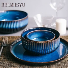 

1PC Japanese Style Blue Ceramic 5.5Inch Rice Salad Bowl Household Rice Big Soup Bowl Retro Restaurant Dinnerware