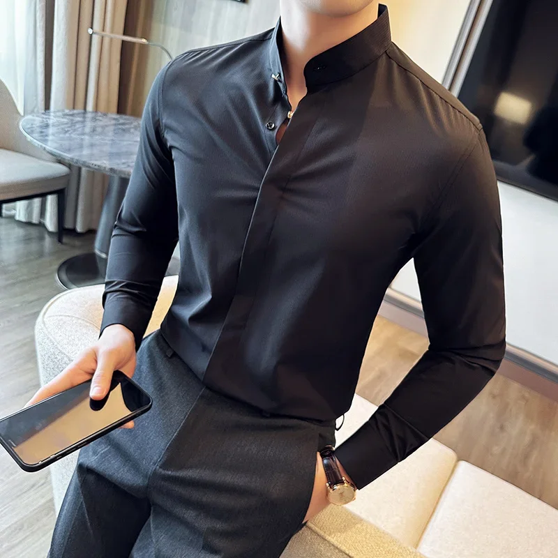 

Camisas De Hombre Dark Stripes Long Sleeve Shirts For Men Fashion Stand Collar Slim Fit Drape Formal Men's Social Shirt&Blouse