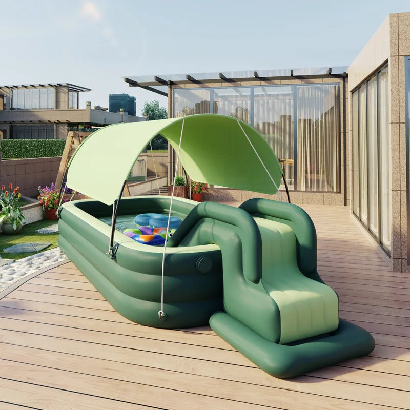 Inflatable Swimming Pool Inflatable Kid Swimming Pool with Awning Thicken PVC Large Children&rsquo;s Paddling Pool with Slide Outdoor Swimming Pools for Family