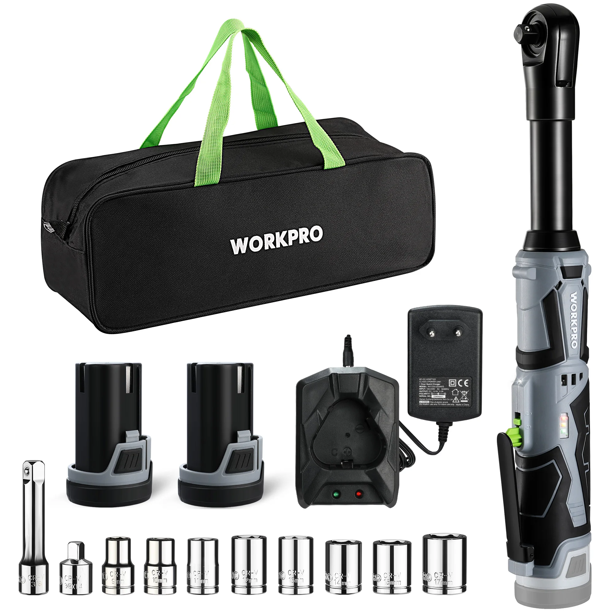 WORKPRO Power Tool 45N.M 3/8" Extended Ratchet Wrench Set With 2x12V Battery  Electric Ratchet Wrench with 10 Sockets 6