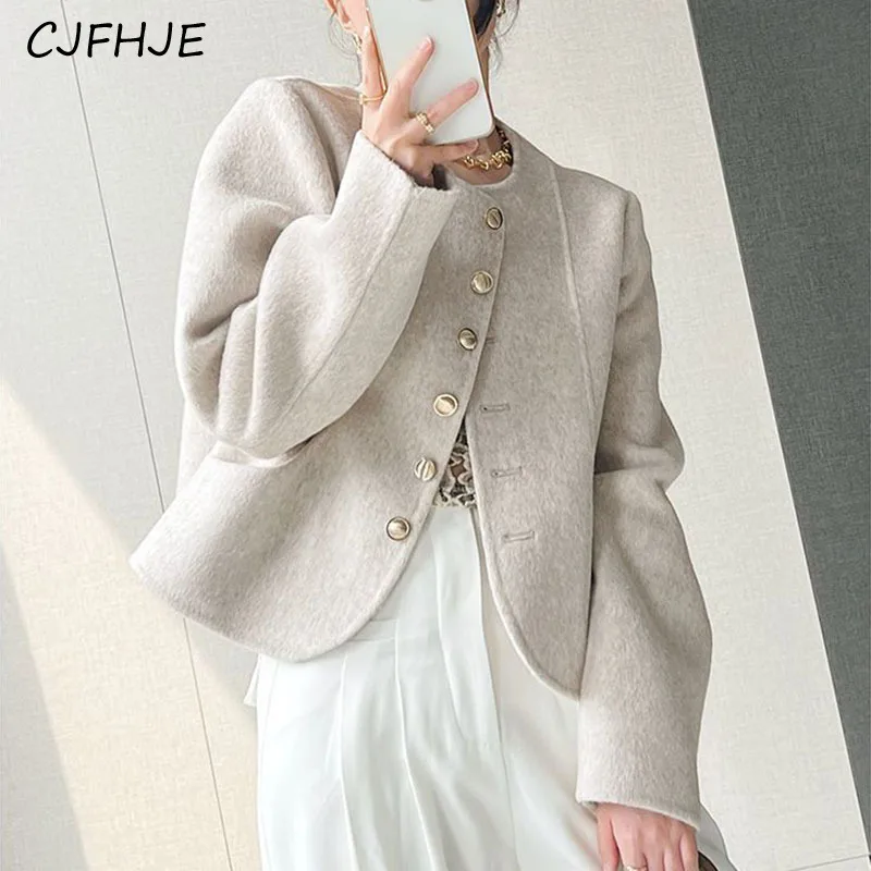 

CJFHJE Pink Faux Woolen Coat Women Korean Fashion Designed Button Loose Cropped Tops Female Casual Streetwear Blended Jacket New