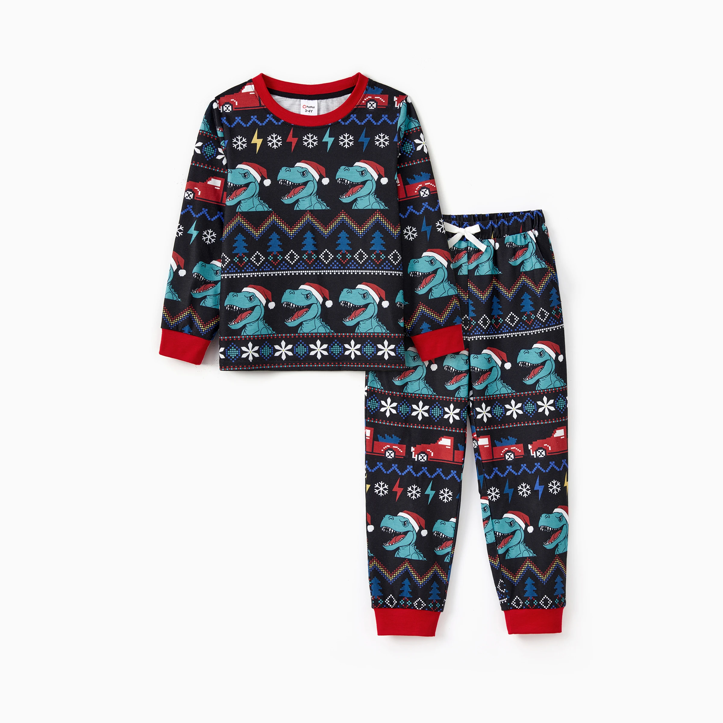 thumbnail image 5 of Conjunto de pijama familiar a juego con estampado de dinosaurios para Navidad, con bolsillos y cordón (resistente al fuego), 5 of 5