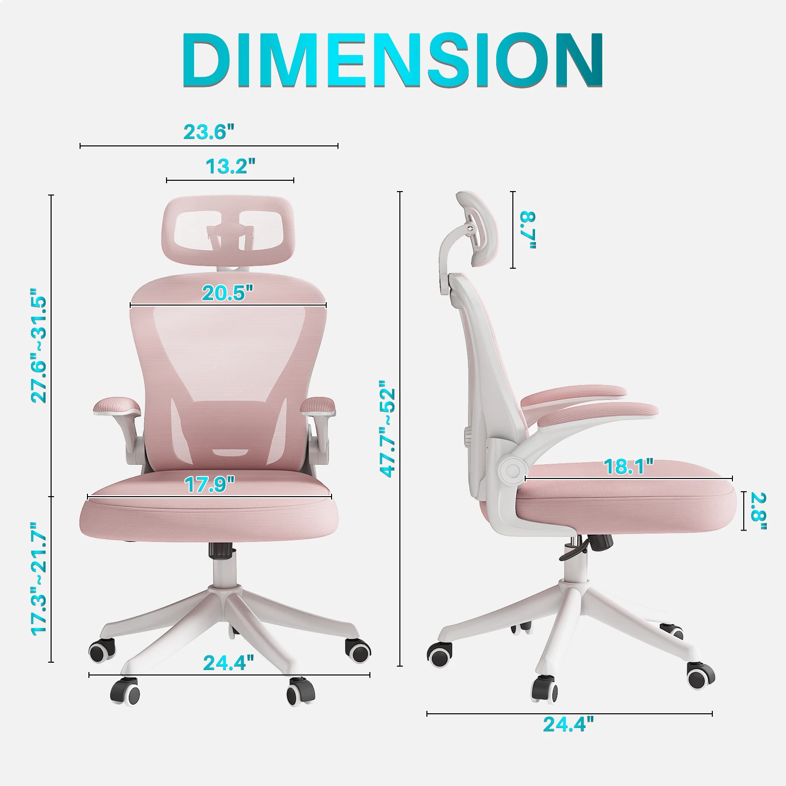 Ergonomic Mesh Office Chair, High Back Computer Desk Chair with Adjustable Lumbar Support, Pink Task Chair with Headrest 3