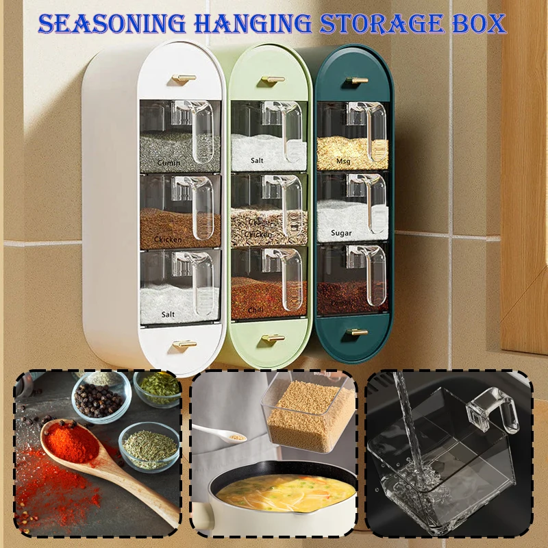 

New Kitchen Wall Hanging Seasoning Storage Box Store Salt Sugar Chili Powder Food Grade Material Strong Non-marking Sticker