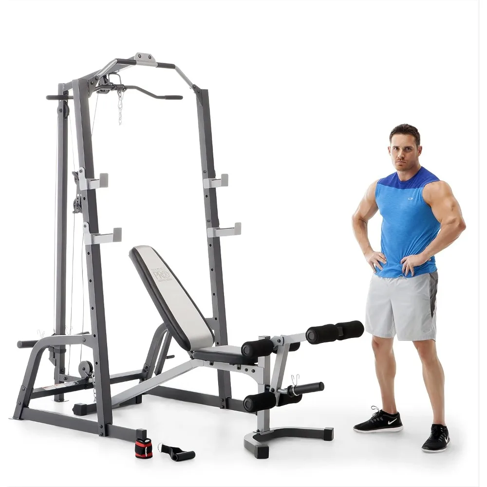 

Pro Deluxe Cage System with Weightlifting Bench All-in-One Home Gym Equipment PM-5108,Black/Silver