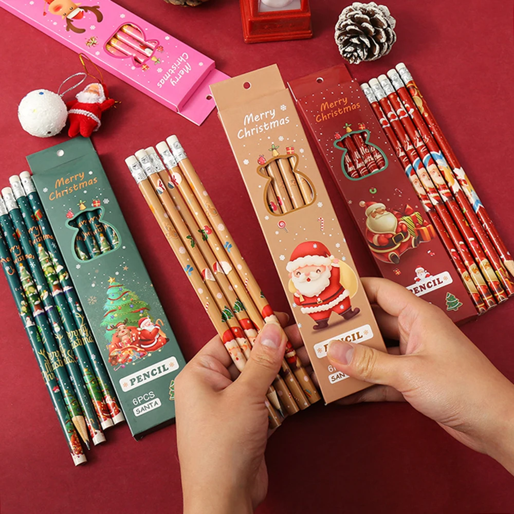 6Pcs/Set Cartoon Christmas Pencil  HB Pencil with Eraser Student Writing Painting Stationery Gift