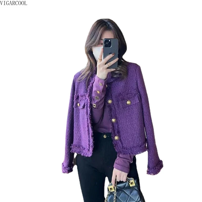 

women's spring High quality super beautiful gentle Korean style top celebrity purple fashionable round neck tassel short jacket