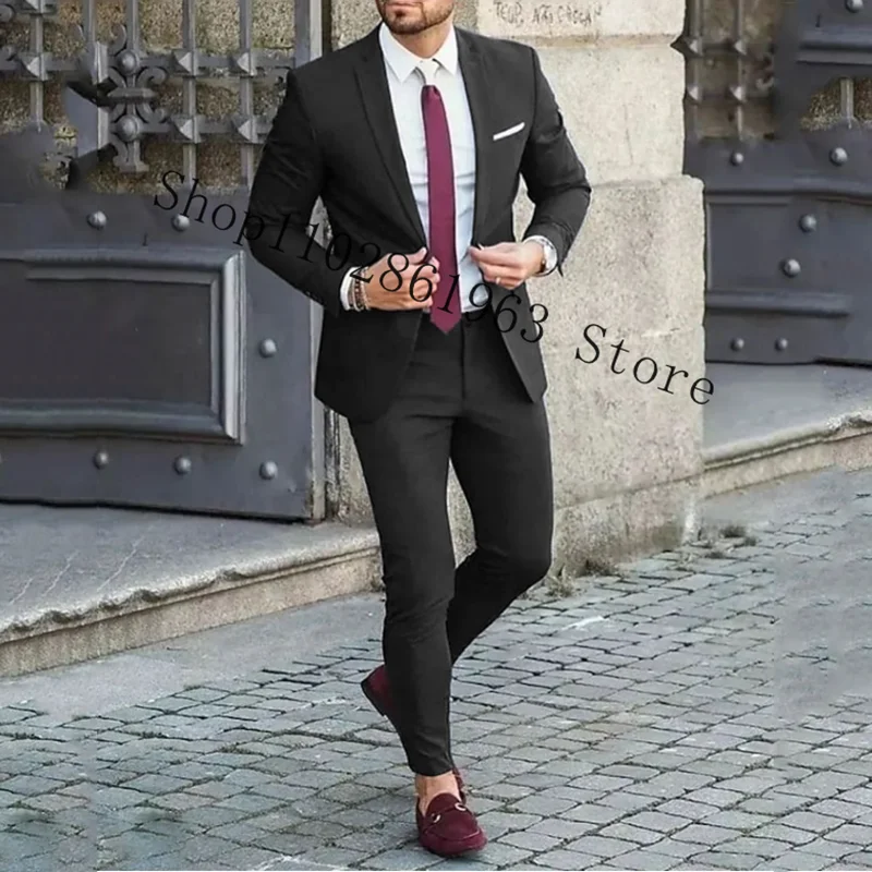 Burgundy Suits Men Blazer Slim Fit 2 Pieces Tuxedos Casual Groomsmen Wedding Suits Groom Tuexdos Jacket Pants Trajes De Hombre 2