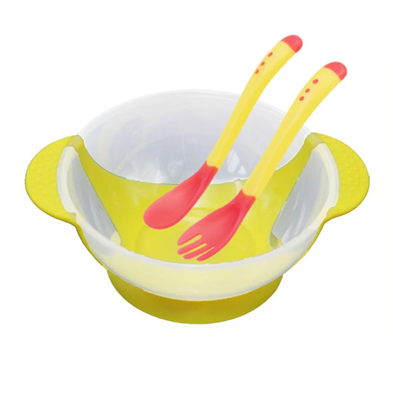 3 PCS Baby Learnning Dishes With Suction Cup Assist food Bowl Temperature Sensing Spoon Drop Baby Spoon Bowl Set Tableware