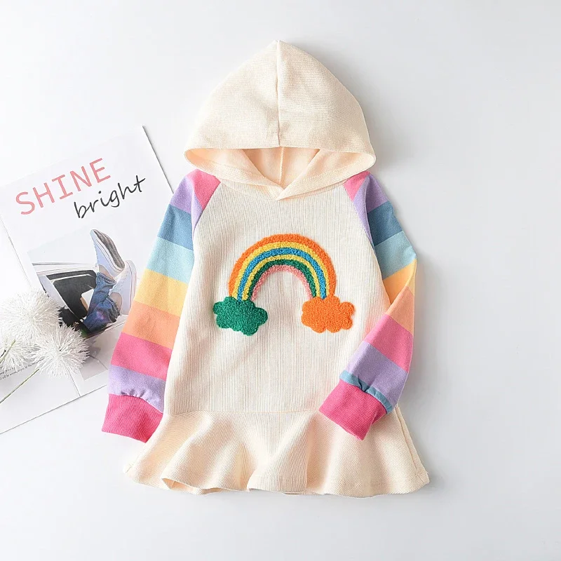 Frühling und Herbst Mädchen Freizeitkleidung Regenbogen Langarm Kapuzenkleid Koreanische Version Modische Kinder 2-6 Jahre alt – Detail 1