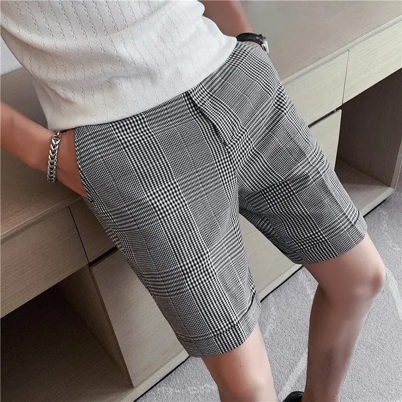 남성용 얇은 반바지, 한국 패션, 트렌디 격자 무늬 세트 바지, 비즈니스 슬림, 캐주얼 하프 팬츠, 상쾌하고 시크한 착용, 2024 여름