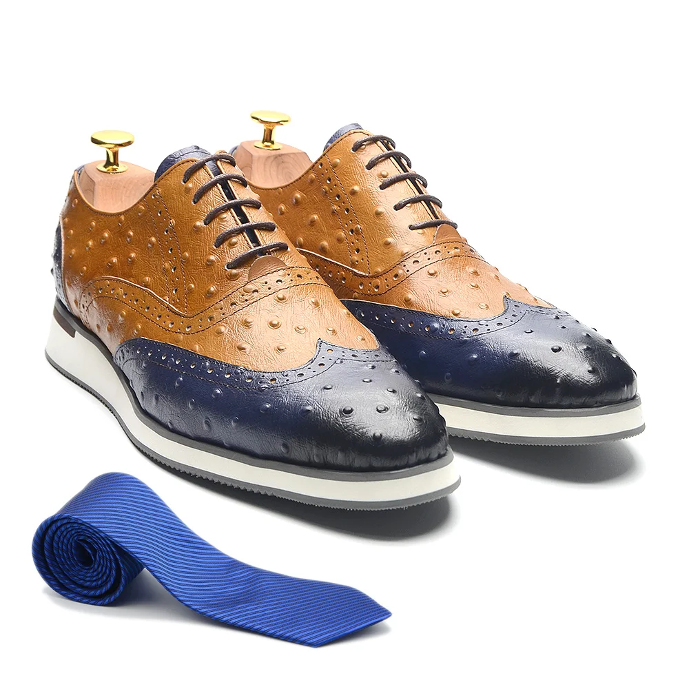 

Luxury Handmade Real Cow Leather Men's Oxford Sneakers Lace-up Wingtip Brogue Ostrich Pattern Brown Blue Casual Footwear Male