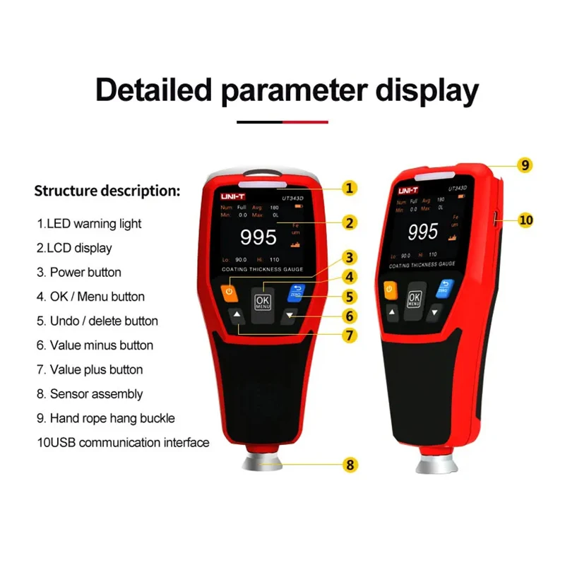 UNI-T UT343D Coating Thickness Gauge 0.1 Micron/0-1250um Automotive Paint Film Thickness Tester To Measure FE/NFE Paint Tools