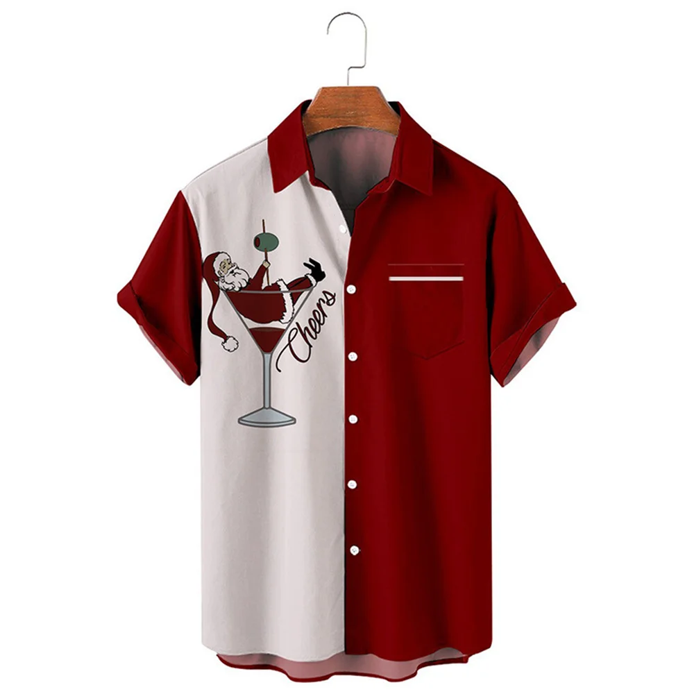 2023 New Christmas Party Men's Short Sleeve Cardigan Shirt Christmas Print Lapel Pocket Top High Quality Comfortable Soft Fabric 3
